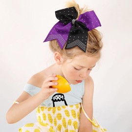 6PCS 8" Large Cheer Hair Bows Ponytail Holder, Rhinestones Cheerleader Bows with Elastic Band Hair Tie Handmade for Cheerleading Teen Girls College Sports (Black/Purple)