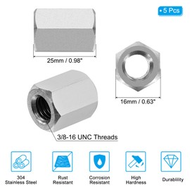 PATIKIL 3/8"-16 UNC 304 Stainless Steel Hex Coupling Nuts, 5Pcs 1" Length Fully Threaded Rod Coarse Coupling Nut Studding Connector Fasteners, Silver Tone