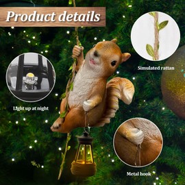 Solar Garden Decor Outdoor Statues-Resin Raccoon Climbing Vine & Squirrel Figurine with LED Light, Waterproof Hanging Animal Figurine with Hook for Patio, Yard, Home Decor Gift (Squirrel)