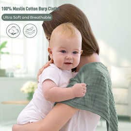 Yoofoss Muslin Nappies Burp Cloths Pack of 10 Cloth Nappies 27 x 50 cm Muslin Cloths Absorbent Washcloths 100% Cotton Cloths Folding Nappies for Baby Dark Green