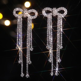 Octwine Boho Women Silver Bow Rhinestone Long Earrings Sparkly Rhinestone Chandelier Dangle Drop Earrings Bridal Wedding Party Prom Silver Statement Earrings Teardrop Dangle Earrings