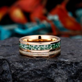 Reseldda White Opal 14K Rose Gold Plated Tungsten Rings for Men Women - Granular Moss Agate Inlay Men's Tungsten Wedding Bands Daily Wear - Boho Style Vintage Birthstone Polished Tungsten Carbide Promise Rings Size 7