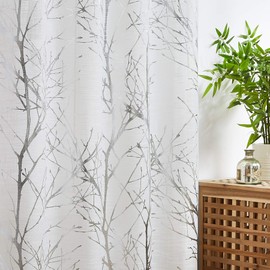 FMFUNCTEX Silver Branch White Sheer Curtains for Living Room 96" Length Metallic Print Tree Curtain Panels with Linen Textured Drapes Bedroom Window Treatment Curtains 2 Pack