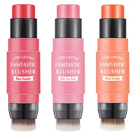 3 Pcs Cream Blush Stick with Brush,Waterproof Multi Cream Blush Stick Makeup,Lightweight,2 in 1 Multi Stick Blush for Cheeks & Lip Tint & Eyeshadow Makeup,Suitable for All Skin