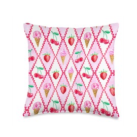 Diamond Patchwork Cherry Ice Cream Strawberry Summer Collage Throw Pillow