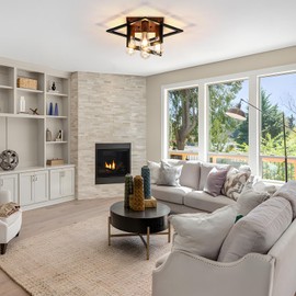 Semi Flush Mount Ceiling Light Fixture, 4 Light Industrial Ceiling Light with Black Frame & Wood Grain Accent, Close to Ceiling Farmhouse Lighting for Kitchen, Bathroom, Bedroom, Hallway (E26,1-Pack)