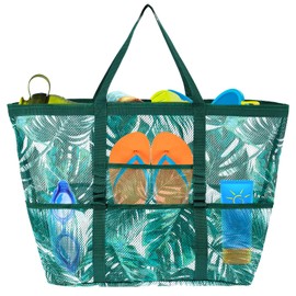 Mesh Beach Bags for Women Large Beach Tote Bags with 4 Pockets and Zipper Foldable Beach Tote Sandproof Tote Bags Oversized Beach Bag Swimming Pool Bags with Hand Strap Pool Bags for Travel Vacation