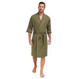 EA'S SECRET 100% Cotton Mens Lightweight Robe Summer Short Sleeve Bathrobe Soft Knee Length Robe with Pockets (Olive Green, 2XL)