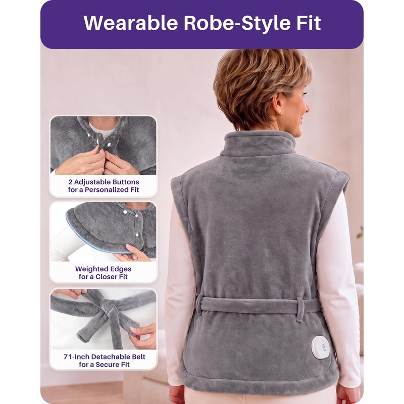 Wearable Heating Pad for Back, Neck & Shoulders, Detachable Belt