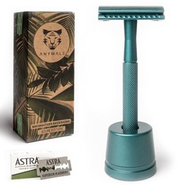 ANYMALE® Plastic-Free Safety Razor Azure Edition - Set with Stand and 5 ASTRA Blades - Wet Razor for Men and Women