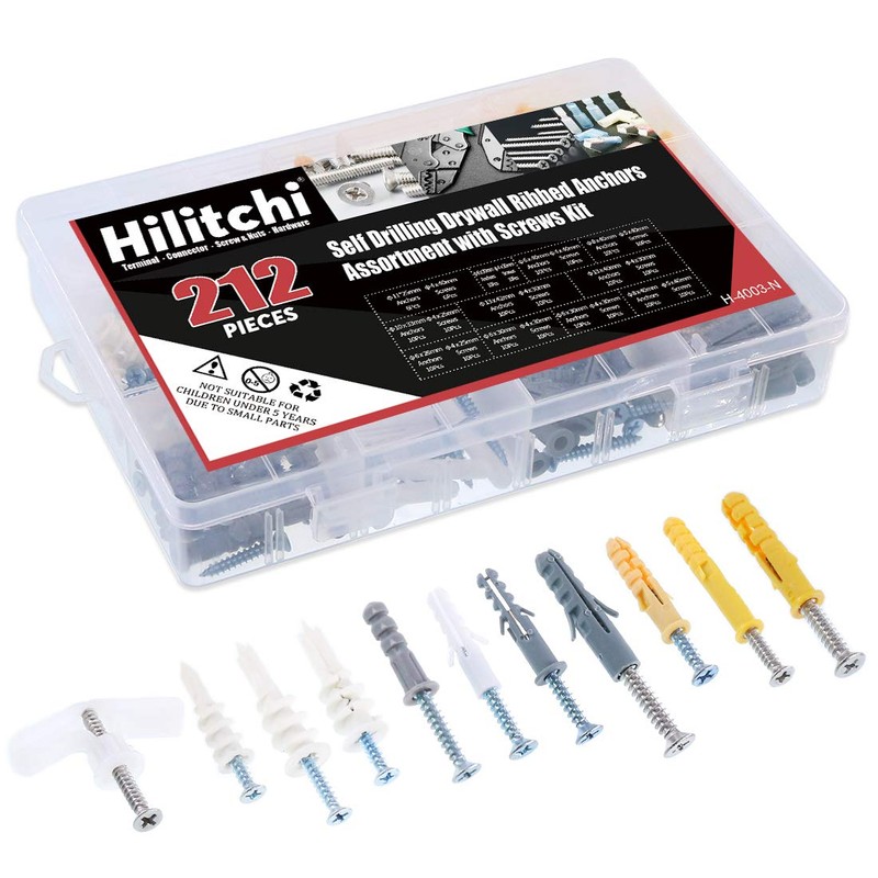 Hilitchi 212-Pcs [11-Sizes] Plastic Drywall and Hollow-Wall Anchor with Screws