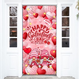 Aperturee Happy Galentine's Day Door Cover Banner 72x35 Inch Front Door Banner Decorations Background with Festive Gnomes Hearts and Balloons for Valentine's Day Celebrations