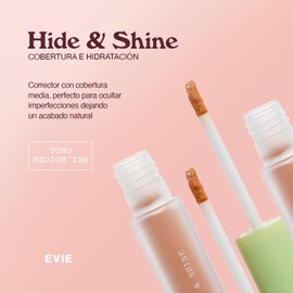 EVIE | Corrector Hide & Shine Medium/Tan Con Protector Solar SPF +30 | Maquillaje de Cobertura Media | Corrector de Ojeras | Formula Hidratante con Extracto de Pepino
