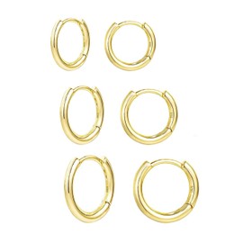 Baobei Elegant Classic gold plated 925 Sterling Silver Small huggie hoop earring Sets For Women Girls, birthday Gift 10,12,14mm (sets of 3 pairs)