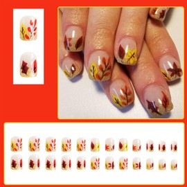 Maple Leaf Press on Nails Short Square Fake Nails Gold Glitter French Tips Stick on Nails Autumn Fall Thanksgiving Day False Nails Full Cover Glossy Acrylic Nails Glue on Nails for Women Girls 24Pcs