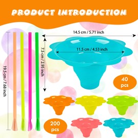Medanera 200 Pcs Snow Cone Cups with Spoon Straws 8oz Colorful Flower Shaved Snack Ice Cream Bowls for Kids Plastic Ice Drip for Holiday Summer Cookout Birthday Party