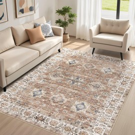 Area Rugs for Living Room: 7x9 Washable Rug Vintage Pattern Large Non-Slip Stain Resistant Soft Durable Floor Carpet for Bedroom, Dining Room, Home Office - Orange