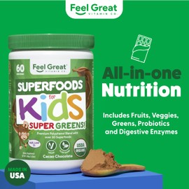 Feel Great USDA Organic Super Greens Powder for Kids - Cocao Chocolate | Fruit & Veggie Supplement | Superfood Powder with Probiotics & Digestive Enzymes for Digestive Health | 60 Days Supply