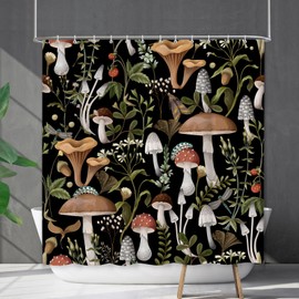 Black Mushroom Floral Shower Curtain for Bathroom Set Vintage Wild Leaves Plant Boho Shower Curtain Polyester Fabric Waterproof Retro Botanical Curtain with 12 Hooks 72x72 Inches