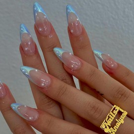Blue French Tip Press on Nails Medium Almond Shaped False Nail Artificial Acrylic Pearl Design French Fake Nail 24Pcs Full Cover Glossy Reusable Coffin Glue on Nails for Women