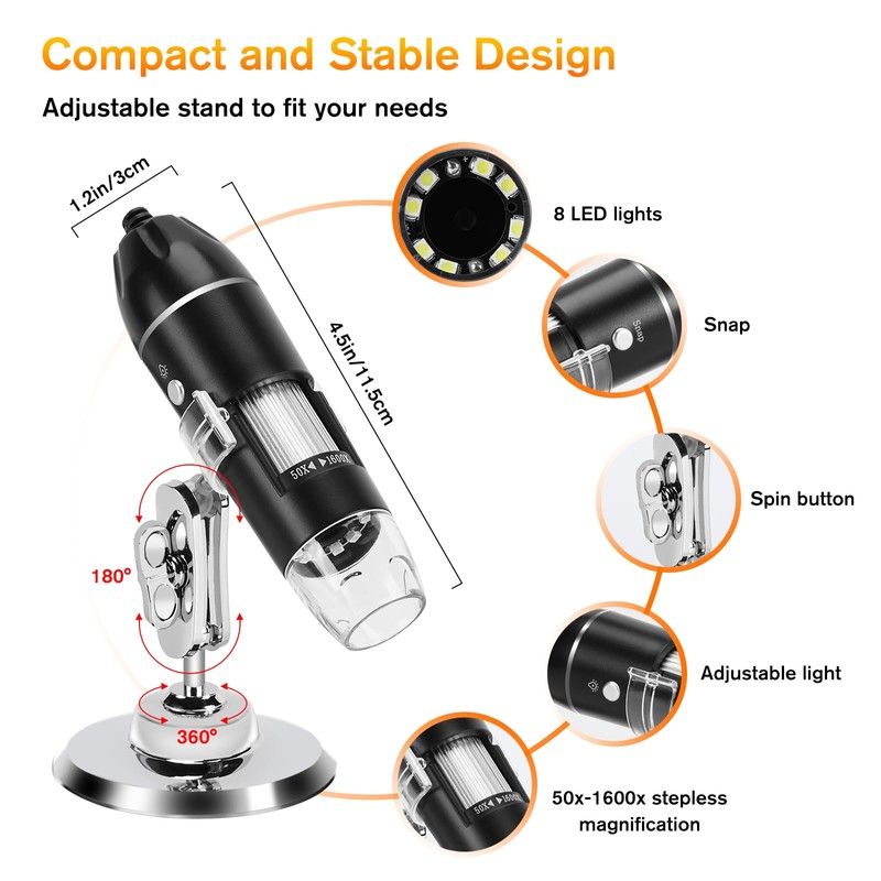 WADEO Upgraded Handheld Microscope Camera 1440P HD, USB Microscope 50-1600X,