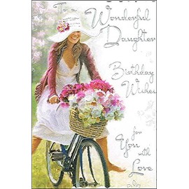 Jonny Javelin Daughter Birthday Card - Girl Riding Bicycle & Flowers 9" x 6.25"