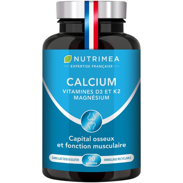 Calcium – Bone Health Complex – With Magnesium and Vitamins D3 & K2 – Strengthens Bones and Muscles – Supports Bone Density – 90 Vegan Capsules – Nutrimea – Made in France