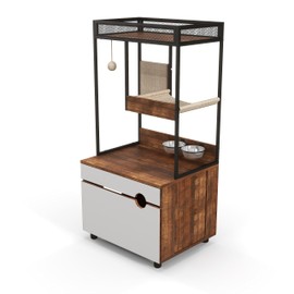 espidoo Multi-Functional Cat Furniture: Modern Minimalist 3-in-1 Enclosure with Storage Cabinet & Scratching Pad - Metal Frame & Wooden Platforms for Apartment Cat Owners