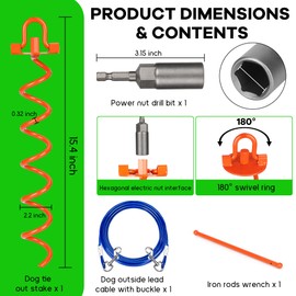 Dog Tie Out Stake, Heavy Duty 180° Flip Folding Ring Spiral Spike Auger Ground Stake Anchors with Dog Outside Lead Cable Leash, Power Nut Drill Bit, Iron Rods Wrench, for Yard Camping Beach, Orange