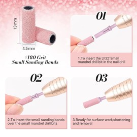 MelodySusie 120 Pcs Nail Drill Bits Small Sanding Bands for 3.1mm Small Mandrel Bit, 180 Fine Grit Nail File for Acrylic Nails Gel Manicures and Pedicure, Pink (Sanding Bands Only)