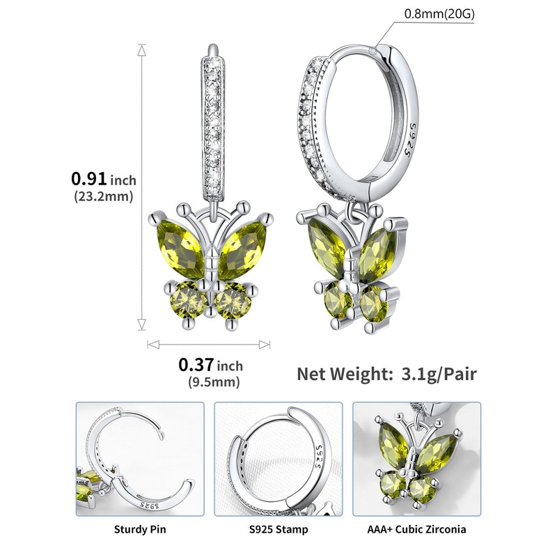 Silvercute Dangly Earrings Womens Peridot August Birthstone Butterfly Dangle Earrings