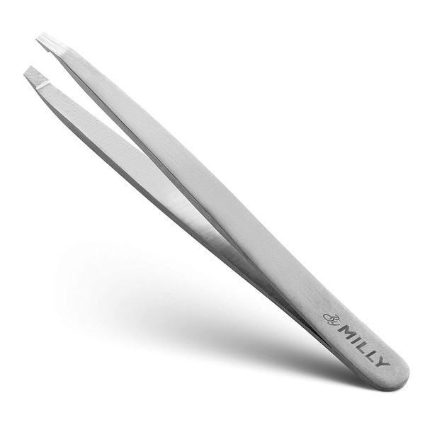 Slant Tweezers - Stainless Steel - Perfectly Aligned and Hand-Filed Slanted Tips for Ultra Precision - Tweezers for Eyebrows - Precision Tweezers - Effortless Plucking - Professional Tweezers - Silver