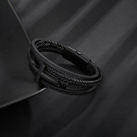 Veshon Mens Leather Cross Bracelet Multi-Layer Braided Faith Cross Bracelet for Religious Bangle Wristband Jewelry for Men Women, 9.1 Inch