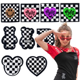 DBChan Black&White Checkered Iron-on Chenille Patches, Preppy Plaid Embroidered Sew-on Patch, Classic Racing Day Patches Applique for Jacket Backpack Clothes Hat