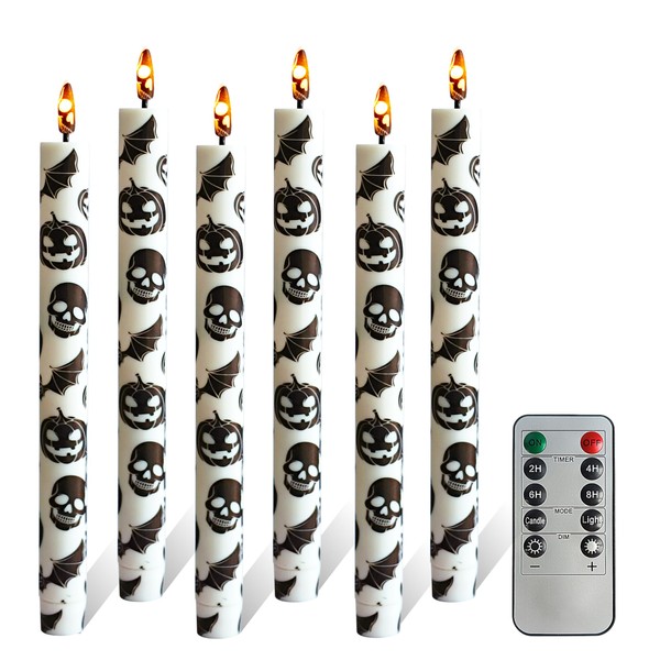 FCMSHAMD 6PCS Halloween Pumpkin Bat Flameless Taper Candles, 9.5 Inch