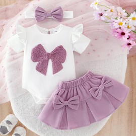 DOMOABEI Baby Girl Clothes 6 Months Newborn Summer Clothes Cute Romper Short Sleeve Ruffle Cute Bow Embroidery Skirt With Bow Headband Infant Summer Outfits Set Purple 6-9 Months