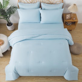 Caressma Baby Blue 7 Pieces Comforter Set Queen Size, Boho Fluffy Soft Microfiber Comforter Sets, Lovely Solid Color Bedding Set with Comforter, Sheets, Pillowcases & Shams