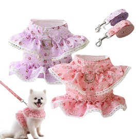 2 Pack Dog Dress Harness Vest with Leash Set, Pink Flower Puppy Harness Mesh Breathable Cat Vest Harness Cute Doggy Lace Princess Clothes for Outdoor Walking Clothing for Small Boy Girl Dog Cat