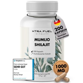 XTRA FUEL Mumijo Shilajit Kapseln - 1000mg Tagesdosis - 200 Kapseln (hochdosiert) - Mumijo Orginal Shilajit Extrakt (10:1 Formel) - 80% Fulvins?ure, 12% Humins?ure, +85 Mineralien - Vegan + Geprft