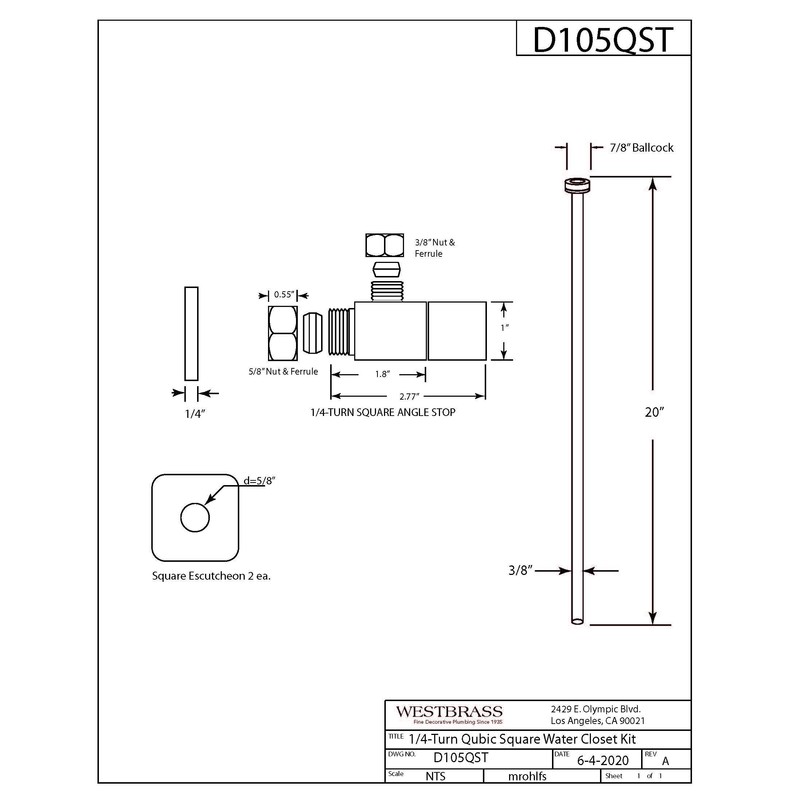 Westbrass D105QST-62 5/8" x 3/8" OD x 20" Flat Head