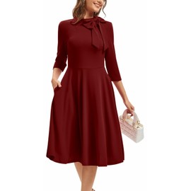 Burgundy Dress for Women Elegant 3/4 Sleeve Vintage A-Line Flare Hem Prom Cocktail Party Swing Dresses with Pocket 6441 Burgundy-A_Small