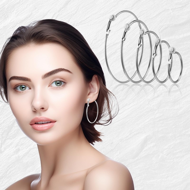5 Pairs Stainless Steel Clip on Earrings Hoop 5 Sizes