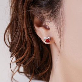Silver Stud Earrings for Women, Stud Earrings Red Cubic Zirconia Heart Studs│Dainty Earrings Jewellery Gifts for Girls