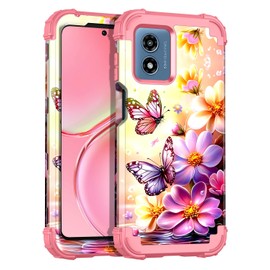 Casetego Compatible with Moto G 5G 2024 Case,Glow in The Dark Three Layer Heavy Duty Sturdy Shockproof Full Protection Rugged Hard PC+Soft TPU Bumper Case,Pink