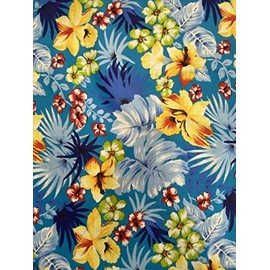 New Creations Fabric & Foam Inc, Hawaiian Flowers Mix Print Poly Cotton Fabric by The Yard. (Yellow on Aqua)