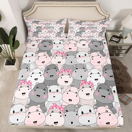 Hippo Sheet Set Twin Size Cartoon Animal Sheets with Deep Pocket Fitted Sheet for Kids Teens Adults Hippopotamus Bed Sheets Set Kawaii Cute Bedding Set Room Decorations 3Pcs With 1 Pillow Case