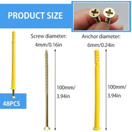 96 Pcs Wall Plugs for Brick,48 x M4*100 Masonry Self Tapping Screws,48 x M6*100 Expansion Pipe Anchor Bolts,Raw Plugs for Brick Wall,Heavy Duty Wood Screws and Wall Plug Kit for Concrete Drywall