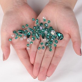 Teyglen Green Crystal Wedding Hair Barrette Bridal Rhinestone Hair Clips for Women Side Headpiece Decorative Hair Accessories Jewelry for Festival Party Prom Head Piece (Peacock Green)