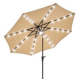 PEAKVONDER 7.5 ft Patio Umbrella with Solar Light, 24-LED + 1 Center Light, 6 Heavy Duty Ribs–Small Table Outdoor Umbrella for Patio- Beach, Pool, Deck, Market & Table, Crank&Tilt, Tan HPU753T