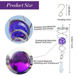 4.5 inch Gazing Ball Spiral Tail, Prefdo Metal Wind Spinner Stabilizer, Crystal Glass Ball Spinning Hanging, Helix Kinetic Silver Twister Garden Decorations(Purple)